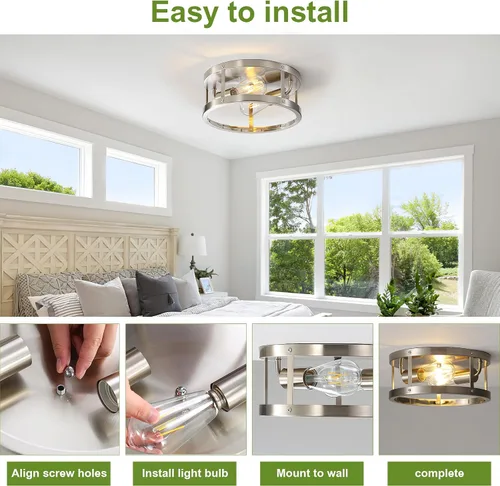 Vista 5 de Lámpara de techo con 2 luces de níquel cepillado semiempotradas, 11 pulgadas, moderna, para interiores, cocina, interiores, interiores, cocina