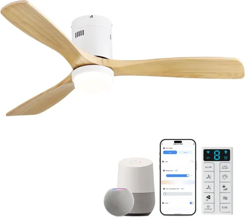 Vista 20 de Sofucor Ventiladores de techo inteligentes de 52 pulgadas con luces - montaje al ras de perfil bajo, modernos ventiladores de techo de madera maciza