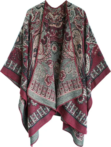 Vista 18 de Chal estilo poncho de frente abierta con patrón vintage para mujer, abrigo de invierno Serie 15-negro