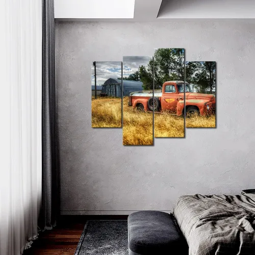 Vista 2 de Arte de pared de camión viejo en rojo y árboles y hierbas secas en campo, decoración de pared, cuadros impresos en lienzo, la imagen para decoración