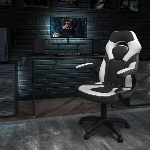 Vista 2 de Flash Furniture Juego de escritorio para juegos negro y silla de carreras blanco/negro con soporte para tazas, gancho para auriculares y soporte