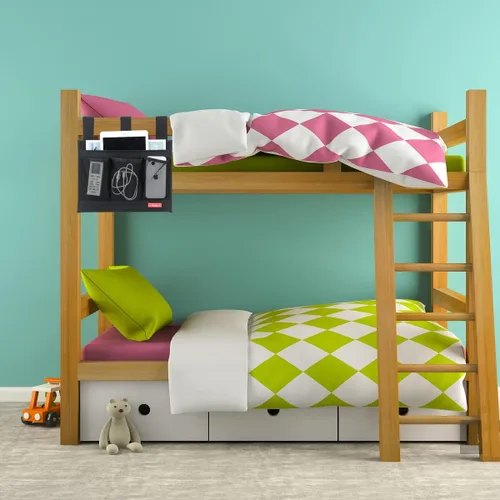 Vista 7 de Organizador colgante para mesita de noche, organizador de cabecera para rieles de cama (4 bolsillos, negro)