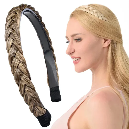 Vista 9 de Ancho de 1.5 cm Banda de pelo sintético trenzada estrecha con dientes para mujeres y niñas (Negro)
