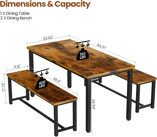 Vista 8 de Recaceik Juego de mesa de comedor para 4, juego de mesa de cocina con 2 bancos, juego de mesa de comedor de 3 piezas, mesa de cocina moderna