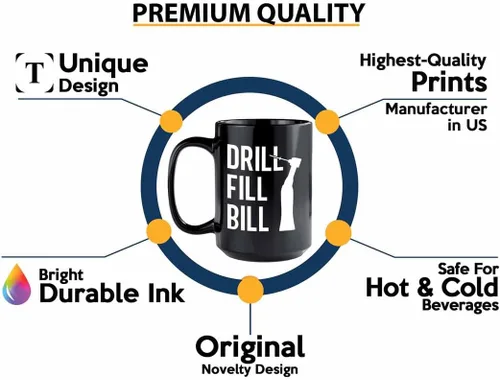 Vista 2 de Taza de café para dentistas de 15 onzas, color negro, factura de relleno de taladro, regalos de dentista para mujeres, dentista, oficina, asistente