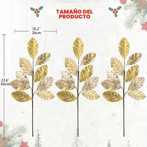 Vista 2 de Hollyone 60 cm de púas y aerosoles de árbol de Navidad 3 piezas tallos artificiales de magnolia color champán hojas de magnolia ramas de hoja de oro
