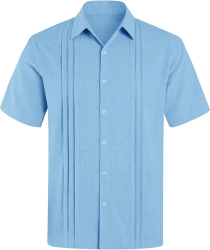 Vista 4 de Guayabera - Camisas de lino de algodón cubano de manga corta con botones, estilo casual, cuello para la playa