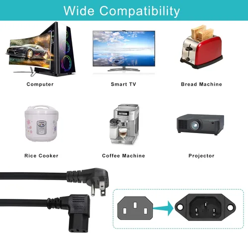Vista 7 de [Paquete de 2] Cable de alimentación para computadora de 90 grados, enchufe plano de perfil bajo de 1 pie a cable de alimentación IEC C13 en ángulo