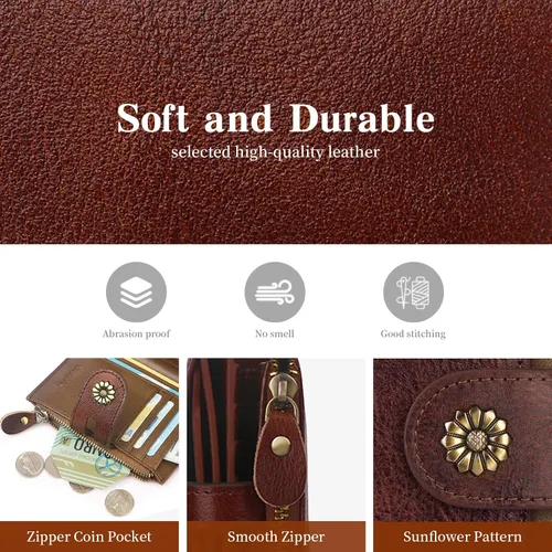 Vista 6 de Cartera de cuero con doble pliegue para mujer, bloqueo RFID, tarjetero compacto, cartera pequeña con ventana para identificación extraíble, Retro