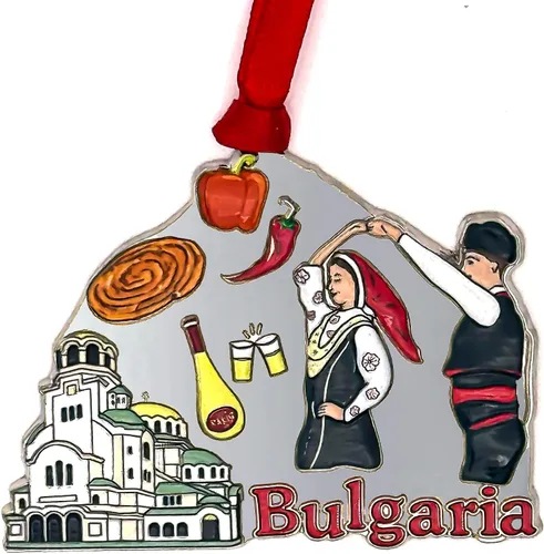 Vista 7 de Adorno navideño de Macedonia del Norte – Recuerdo de metal con impresión UV 3D premium con lago Ohrid, comida y Rakija – Recuerdo navideño macedonio