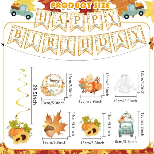 Vista 7 de Decoraciones de fiesta de calabaza pequeña, pancarta de feliz cumpleaños de Acción de Gracias y decoraciones de remolinos colgantes para fiesta