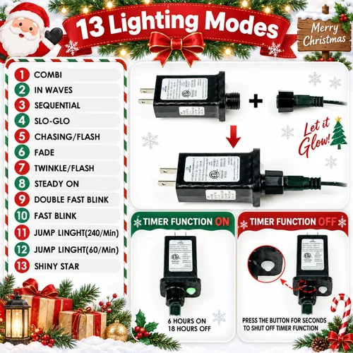 Vista 7 de Luces de cadena navideñas conectables de 240 LED de 88 pies, 13 modos, para interiores y exteriores, cable verde extensible, luces de árbol