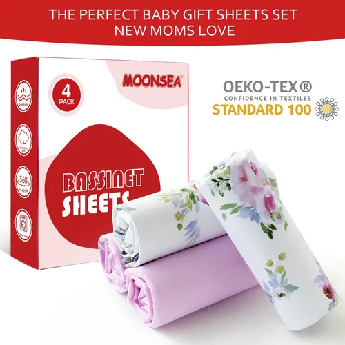 Vista 3 de Sábanas de moisés para niñas, paquete de 4 (33 x 20 pulgadas), compatibles con AirClub, Mika Micky, Baby Delight, Dream On Me, Koola Baby, AMKE
