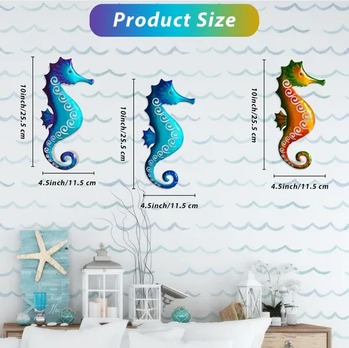 Vista 3 de POXOH - Juego de 3 decoraciones de pared de caballito de mar de metal, temática costera del océano de vida marina para interiores y exteriores, arte