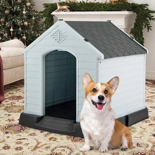 Vista 9 de Casa para perros pequeños, casas para perros para interiores y exteriores, con rejillas de ventilación y suelo elevado, 27.5 x 25.5 x 28 pulgadas
