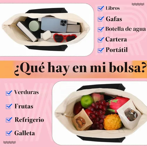 Vista 5 de Sherr Bolsa de lona a granel con bolsillo exterior, 21 pulgadas, bolsas de playa grandes de algodón con cremallera, bolsas de compras lavables