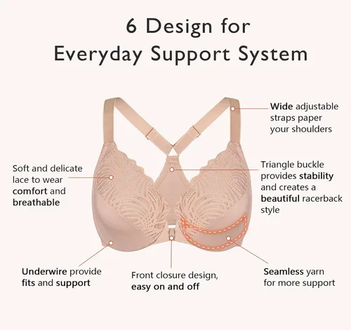 Vista 4 de DotVol Sujetador de cierre frontal para mujer, parte trasera en T, figura completa, con aros, talla grande, sin costuras, sin forro, para busto