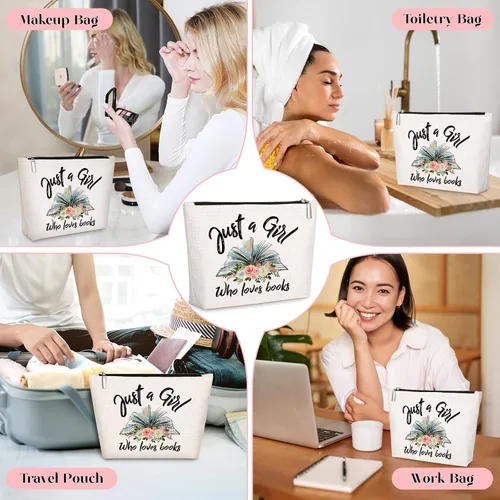 Vista 6 de GevGuxLuo Bolsa de maquillaje para mujer, Beige, Girl Loves Books