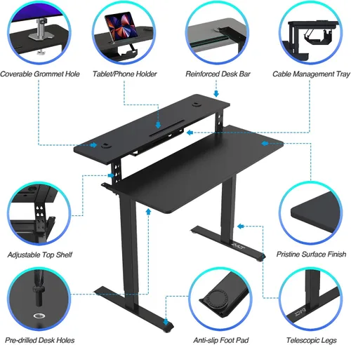 Vista 6 de AVLT Escritorio eléctrico de pie de 47 ″ con estante de doble nivel y Negro