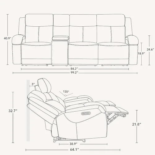 Vista 2 de Watson & Whitely Sofá reclinable eléctrico de piel auténtica, sofás reclinables de pared de 3 plazas con consola de almacenamiento, reposacabezas