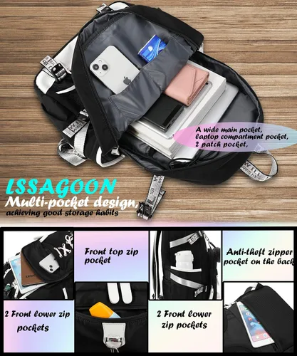 Vista 2 de Mochila para mujeres, adolescentes, niños y niñas, resistente al agua, casual, para laptop con puerto de carga USB, bonita bolsa para viajes