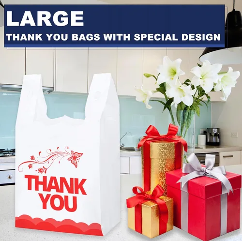 Vista 4 de YoYoRain Bolsas blancas de agradecimiento, 100 bolsas para camisetas, bolsas para llevar, bolsas de comestibles, reutilizables y desechables