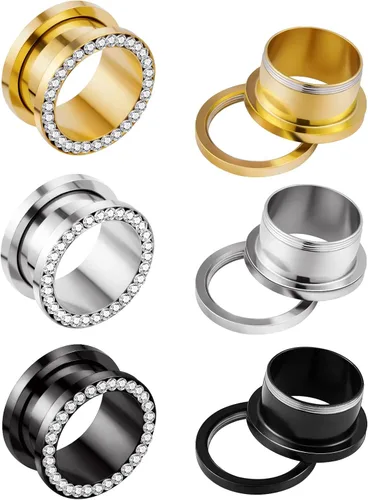 Vista 5 de YOFANST 6pcs Double Flare Stainless Steel Ear Plugs Tunnels with Zircon Ear Gauges Stretcher Body Piercing Jewelry for Women Men 8g-916