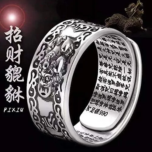 Vista 2 de Anillo vintage de plata Feng Shui Pixiu para mujeres y hombres, grabado de textos budistas, alivio máximo, dragón, sapo, pixiu, cameo, riqueza