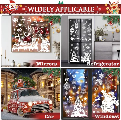 Vista 6 de 236 adhesivos de Navidad para ventana, 9 hojas de calcomanías de doble cara con copos de nieve, calcomanías de decoración navideña de muñeco
