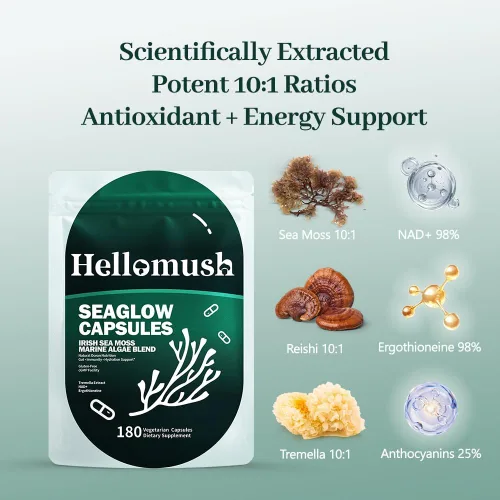 Vista 2 de Suplemento orgánico de cápsulas de musgo marino con extracto de Reishi y Tremella 10:1, píldoras de musgo marino cosechado silvestre para mujeres