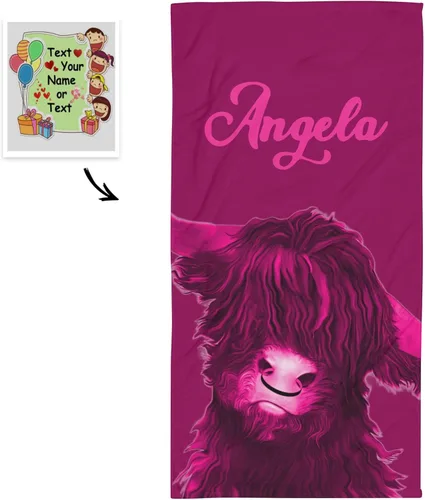 Vista 2 de XOZOTY Toalla de playa personalizada de vaca fresca rosa y roja con nombre para deporte, boda, regalo de cumpleaños, 30 x 60 pulgadas, 2 lados