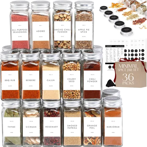 Vista 8 de FINESSY Tarros de especias de vidrio grueso con tapas herméticas y Paquete de 24 Estilo Minimalista