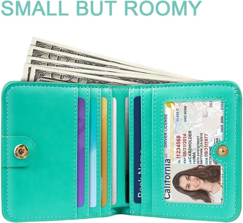 Vista 2 de Cartera pequeña con bloqueo RFID para mujer, con bolsillo plegable y compacto, lindo soporte para tarjetas de crédito, ranura para monedas, monedero