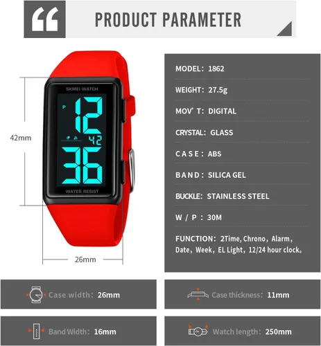 Vista 6 de Reloj de pulsera digital para mujer, resistente al agua, con visualización de la semana