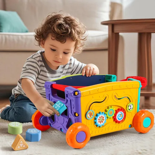 Vista 3 de Baby Walker Juguete Musical de Empuje para Niños Pequeños de 18+ Meses - Carrito de Actividades Educativas con Bloques de Construcción, Asistente