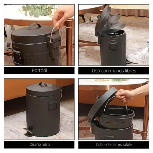 Vista 4 de SIMPLEMADE Cubo de basura redondo con pedal, acero inoxidable con tapa, pequeño cesto de metal/cubo de basura para baño, oficina, negro, 5 litros