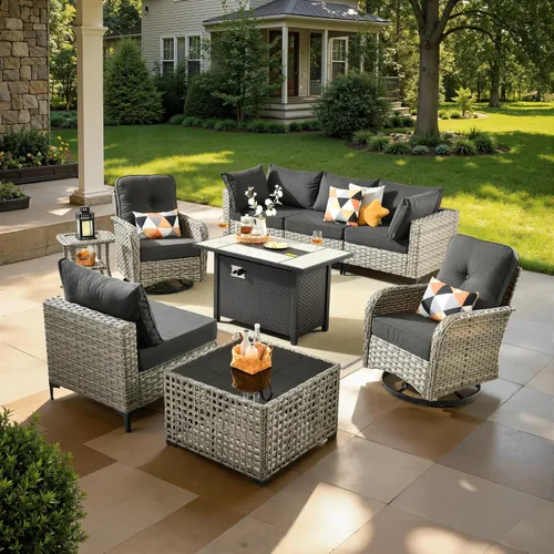 Vista 14 de ovios Muebles de patio de 8 piezas con hoguera, juego de conversación de mimbre de ratán para exteriores con mesa de centro brillante, cómodo sofá