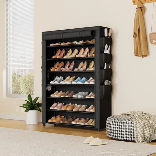 Vista 8 de VTRIN Zapatero con tapa, organizador de zapatos de 7 niveles para 35-40 pares de zapatos y botas, estante alto de gran capacidad con 8 bolsillos