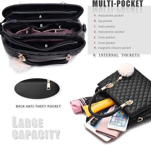 Vista 5 de I IHAYNER - Bolsos de cuero para mujer con correa para llevar al hombro asas cortas y pompón