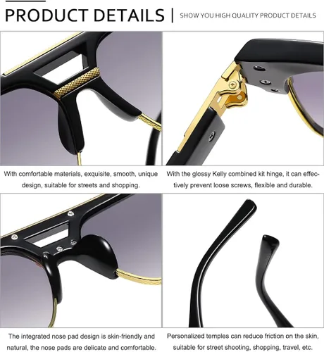 Vista 4 de SHEEN KELLY Gafas de sol piloto de gran tamaño retro con marco de metal para hombres y mujeres, gafas cuadradas semi sin montura
