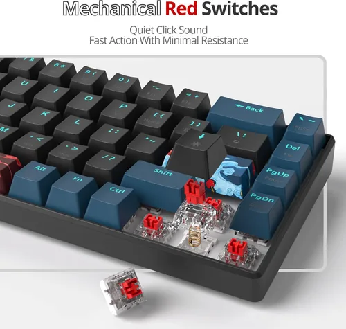 Vista 3 de Protable - Teclado mecánico para juegos al 60%, mini compacto retroiluminado de 68 teclas, teclado de oficina con cable con interruptor rojo
