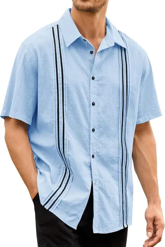 Vista 2 de Hestenve Guayabera - Camisas para hombre con botones de manga corta para campamento cubano, camisas de playa de algodón