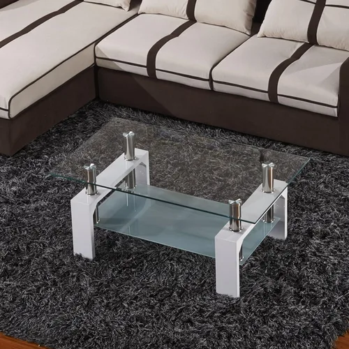 Vista 2 de Mesa de centro rectangular de cristal, mesa de centro lateral moderna blanca con estante inferior patas de metal, traje para sala de estar