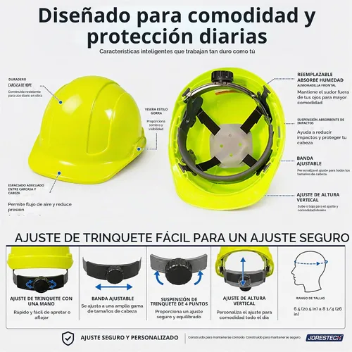 Vista 6 de JORESTECH Casco de Seguridad Duro Naranja de HDPE Estilo Gorra Casco con Suspensión de Trinquete Ajustable de 4 Puntos para Trabajo, Hogar y Azul