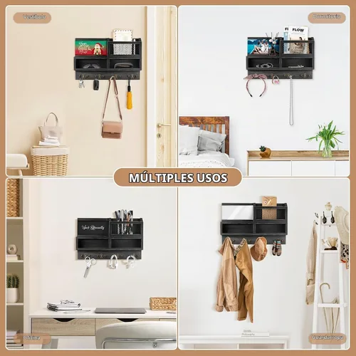 Vista 6 de Soporte de pared para llaves, correo de madera y organizador de llaves con pizarra y espejo, 3 tarjetas de felicitación, 8 ganchos, color negro
