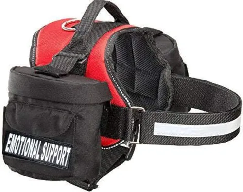 Vista 2 de Chaleco de arnés para perro de apoyo emocional con bolsa de sillín extraíble, mochila transportadora de viaje. 2 parches reflectantes de apoyo Negro