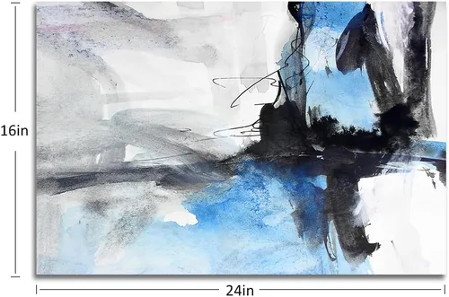 Vista 2 de Lienzo abstracto grande para pared, pinturas artísticas modernas de acuarela, fantasía negra y azul, graffiti colorido sobre fondo blanco