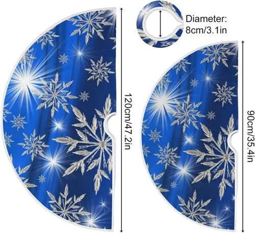 Vista 3 de Falda de árbol de fondo de copos de nieve azul de Navidad, tapete de árbol de temporada, suministros de fiesta, adornos para interiores