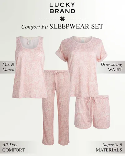 Vista 2 de Lucky Brand Conjunto de pijama para mujer, 4 piezas, camiseta sin mangas, pantalones de pijama, pantalones cortos de descanso (S-XL)
