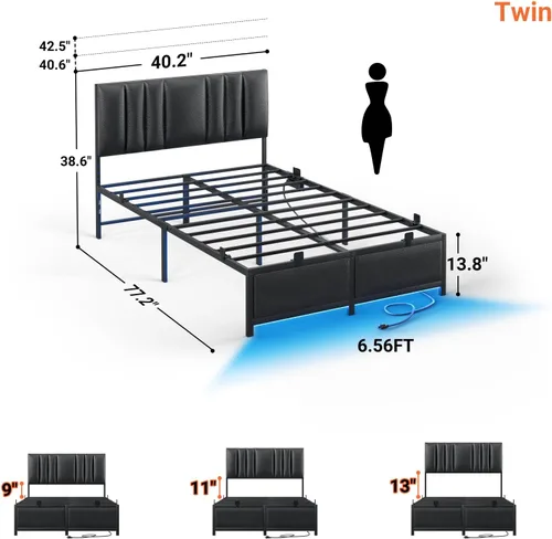 Vista 3 de Besiost Base de cama de tamaño individual con cabecera ajustable de 3 alturas, cama de plataforma tapizada de cuero con luz LED y estación de carga